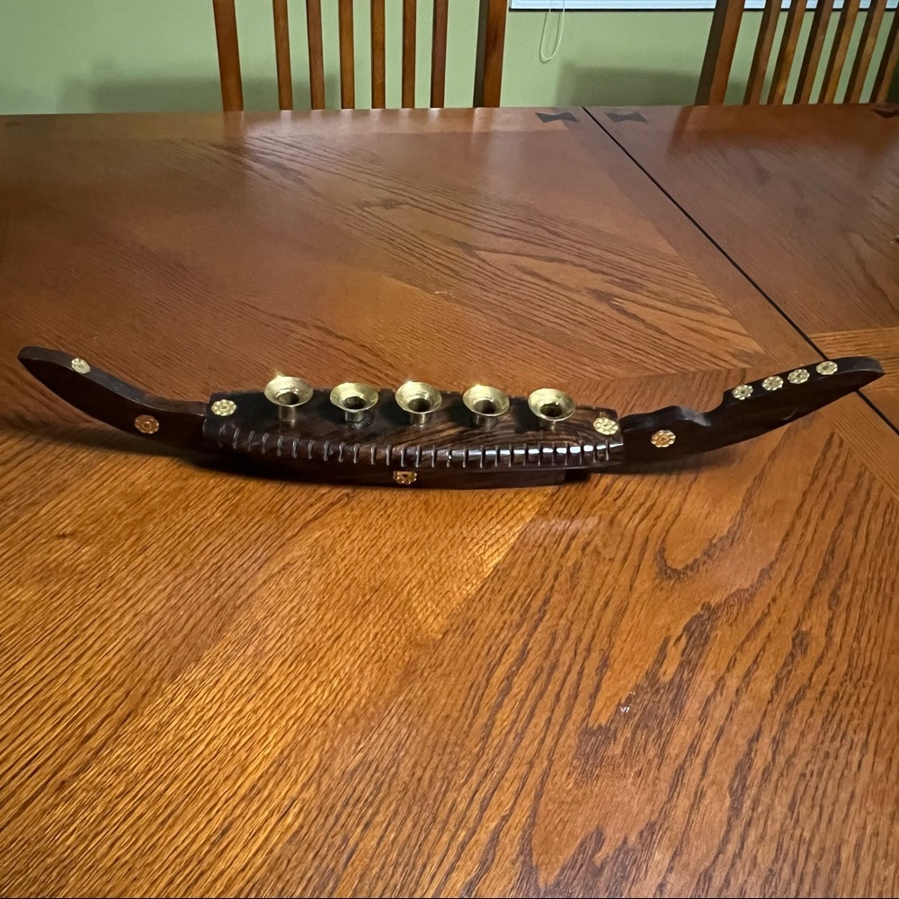 Vintage Vanitha India Wood Brass Spirit Boat Candelabra  5 Candle Holder Viking
